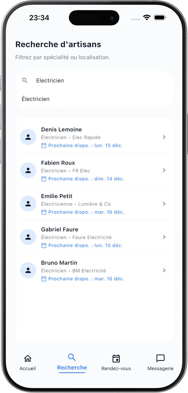 OuiArtisan App - Interface de recherche d'artisan
